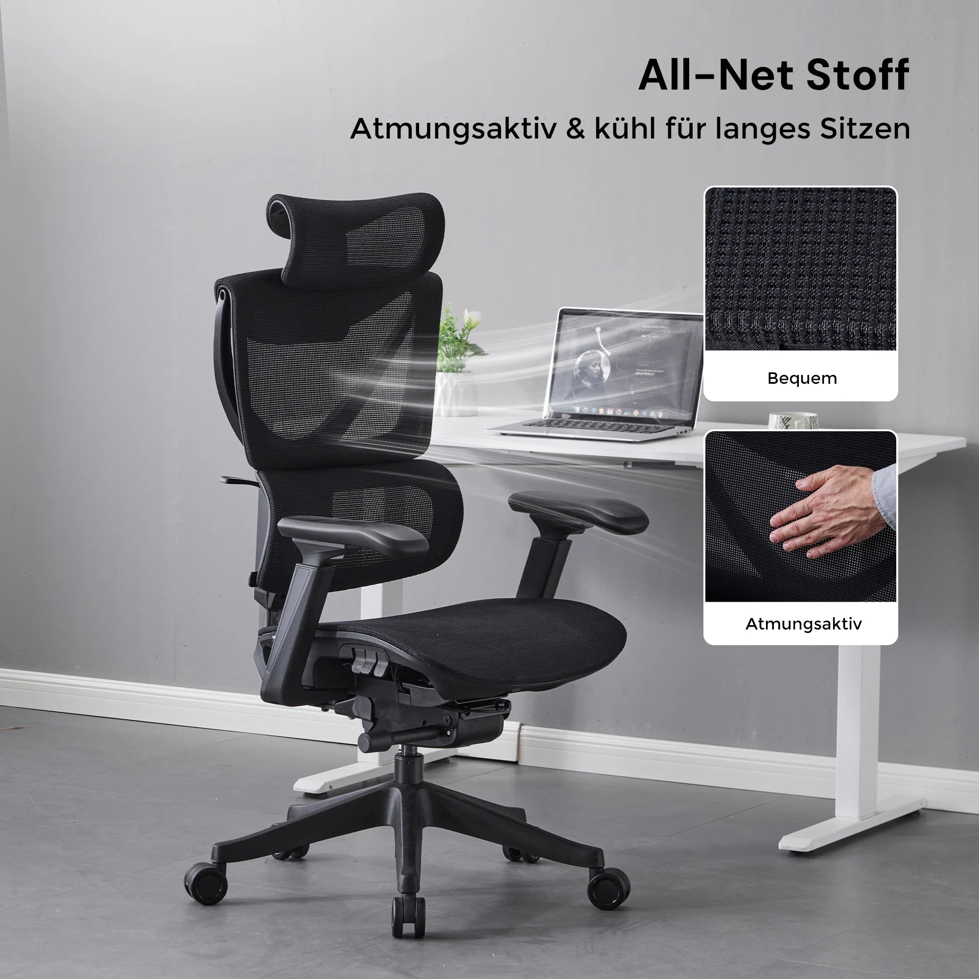 Ergonomischer Bürostuhl: schwarzer atmungsaktiver Netzstoff, gepolsterter Sitz und Lordosenstütze