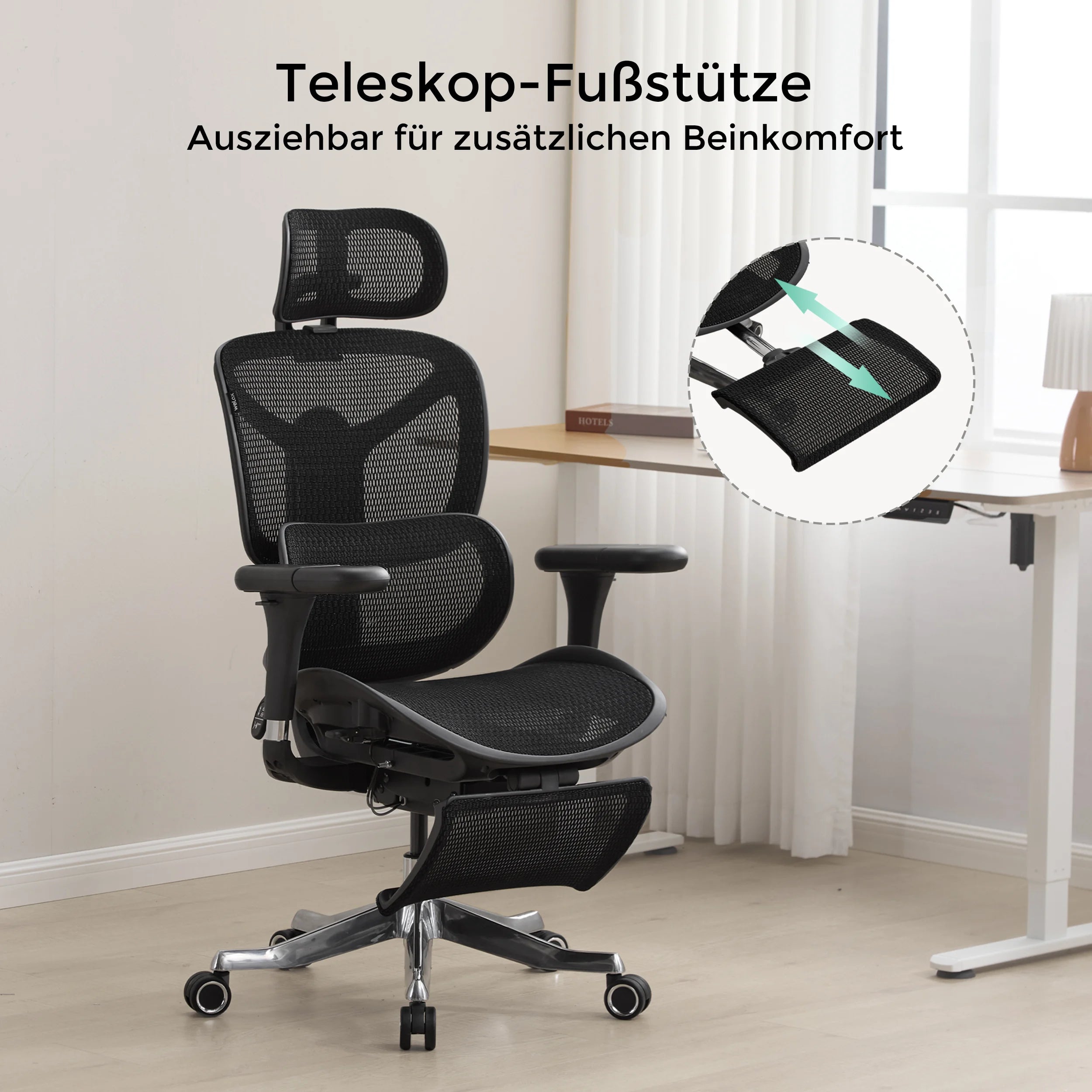 Schwarzer ergonomischer Bürostuhl mit hochklappbarer Fußstütze und Mesh-Polsterung