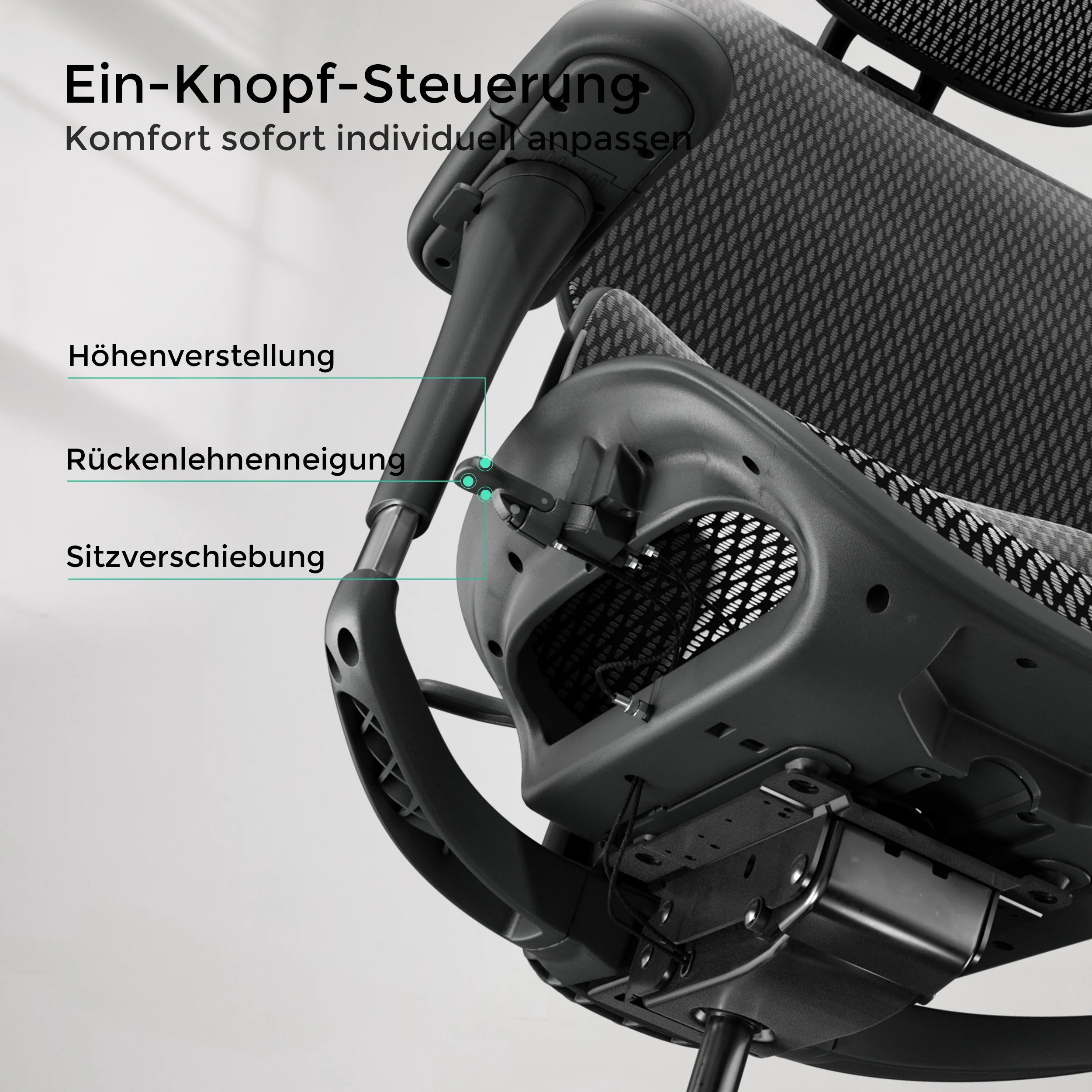 Schwarzer Bürostuhl mit verstellbarer Armlehne und Mesh-Rückenlehne