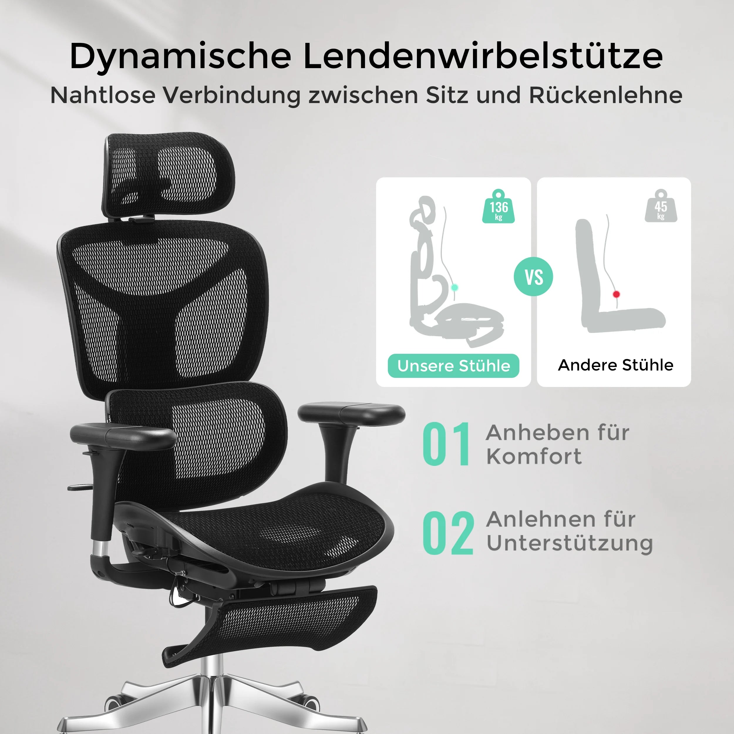 Schwarzer Bürostuhl mit dynamischer Lendenwirbelstütze und Mesh-Sitzfläche