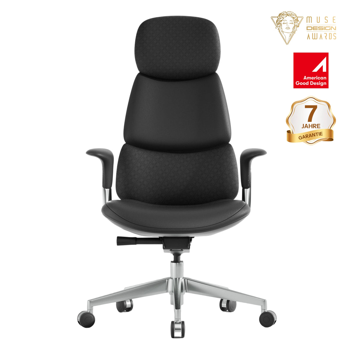 Ergonomischer Lederstuhl in Schwarz mit Kopfstütze, Armlehnen und Rollenfuß