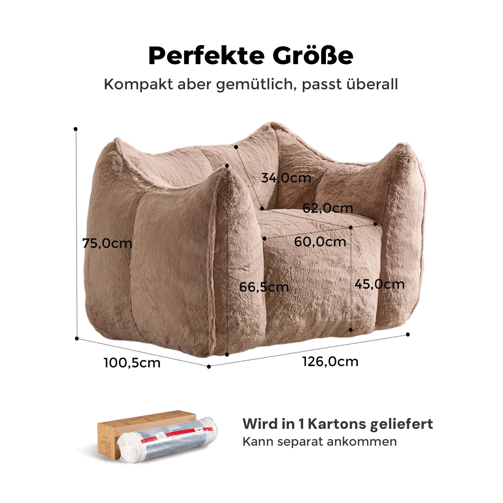 Komprimierter Sessel mit gepolsterter Plüschoptik, khakifarbener Bezug, Maße zur Orientierung.