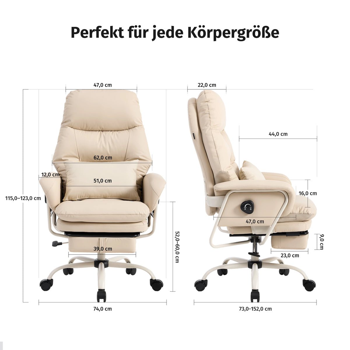 Ergonomischer Leder-Bürostuhl in Creme, gepolsterte Rückenlehne, Armlehnen und Rollen