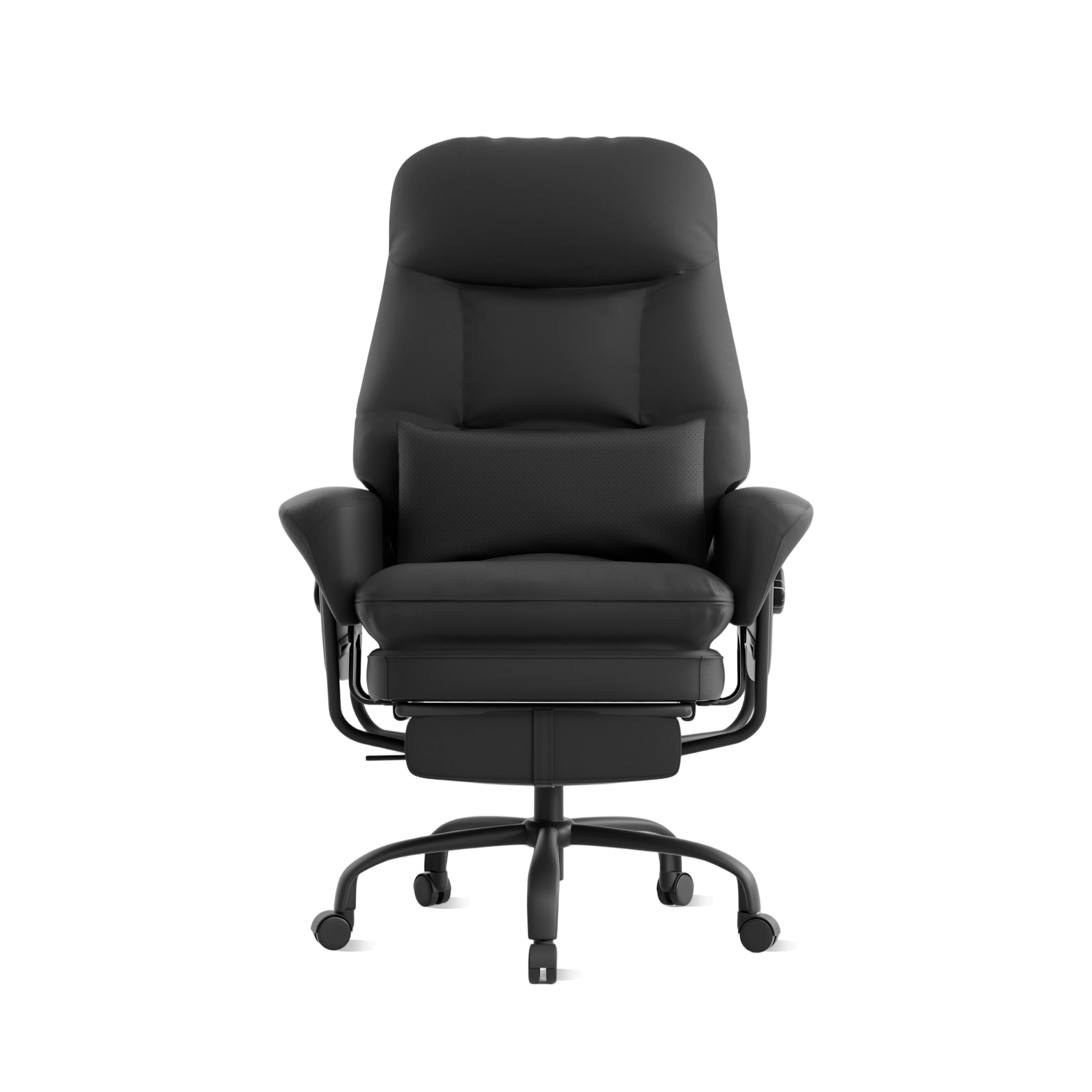 Ergonomischer Bürostuhl aus Leder, schwarz, Frontalansicht mit gepolstertem Sitz und Rücken