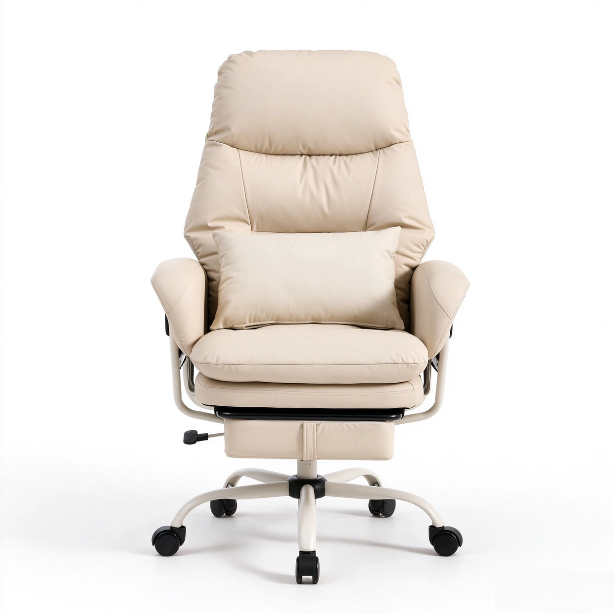 Ergonomischer Leder-Bürostuhl, cremefarbenes Polster, Frontansicht mit Armlehnen und Rollen