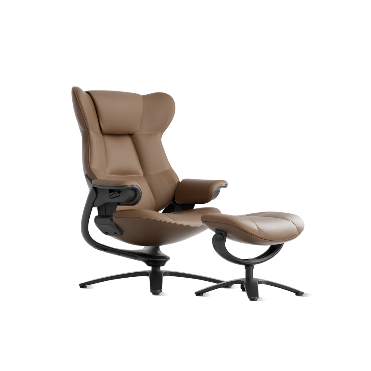 Brauner gepolsterter Loungesessel mit Hocker, Armlehnen und Drehgestell