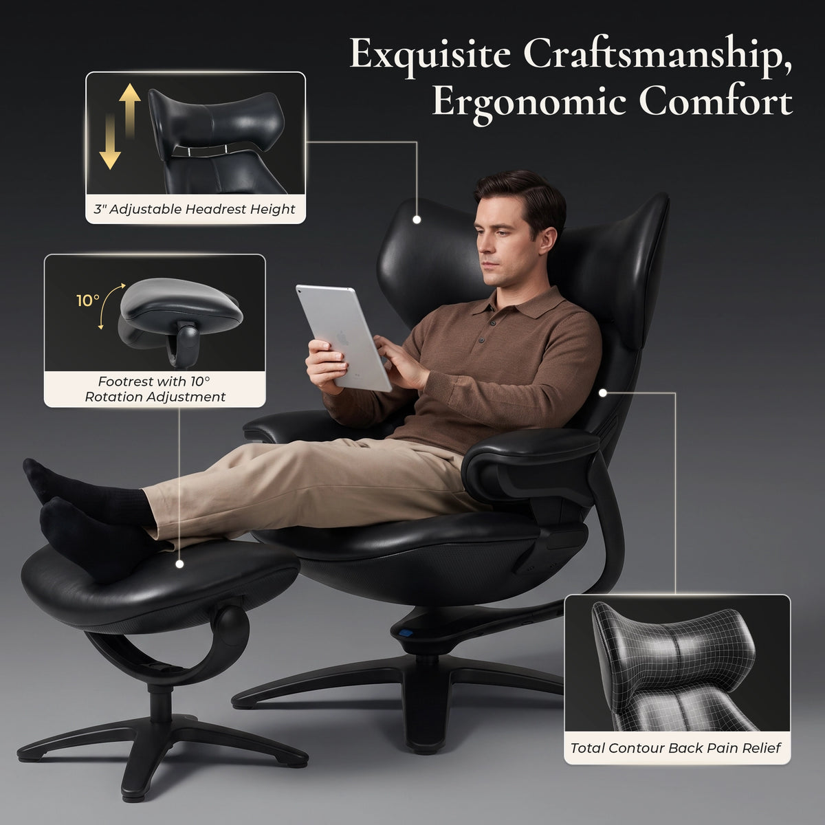 Schwarzer Loungesessel mit Hocker, verstellbarer Kopfstütze; ergonomische Sitzschale.