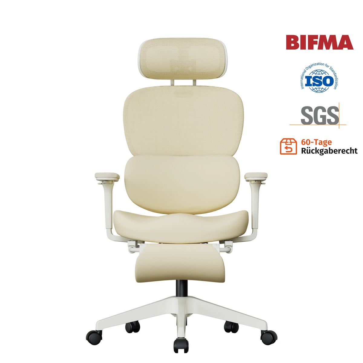 Gepolsterter Bürostuhl in Creme mit Kopfstütze, Armlehnen und Fußstütze