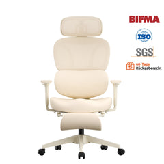 Gepolsterter Bürostuhl in Creme mit Kopfstütze, Armlehnen und Fußstütze
