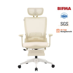 Cremefarbener ergonomischer Bürostuhl mit gepolsterter Rückenlehne, Armlehnen und Rollen