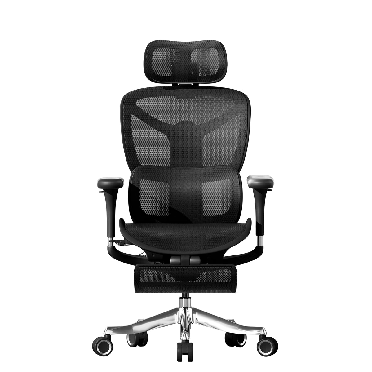 Ergonomischer Bürostuhl: schwarze Mesh-Rückenlehne, Kopfstütze, gepolsterter Sitz