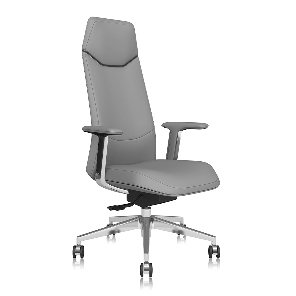 Grauer Leder-Bürostuhl mit hoher Rückenlehne, Armlehnen und Rollenfuß
