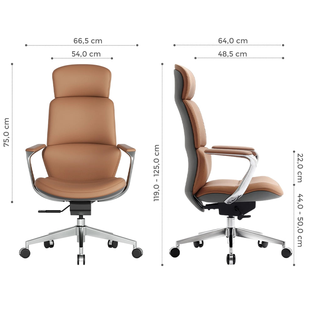 Leder-Drehstuhl mit hoher Rückenlehne, Armlehnen und Rollenfuß, braun-beige (Ansicht + Maße)