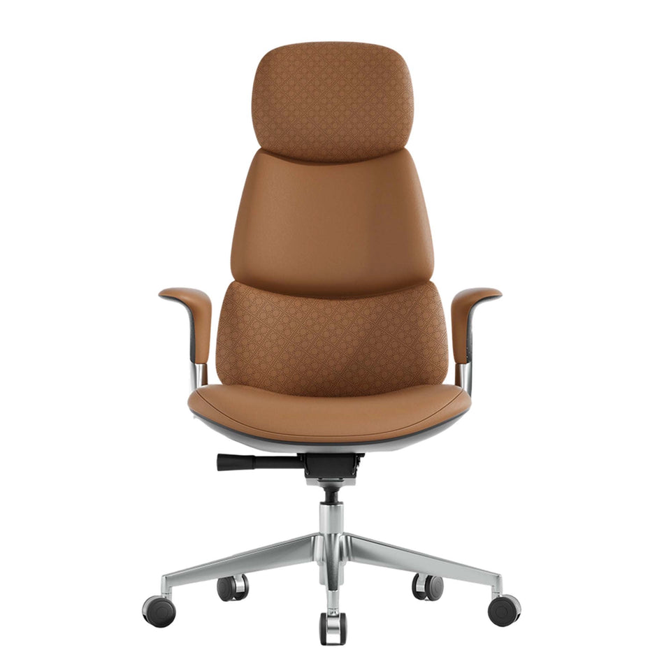 Brauner Leder-Drehstuhl mit hoher Rückenlehne, gepolstertem Sitz und Aluminiumsternfuß