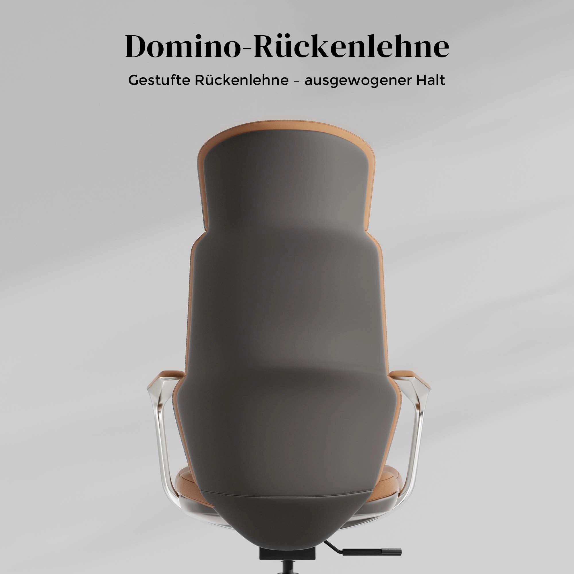 Leder-Drehstuhl von hinten mit hoher Rückenlehne und Armlehnen, braun-beige