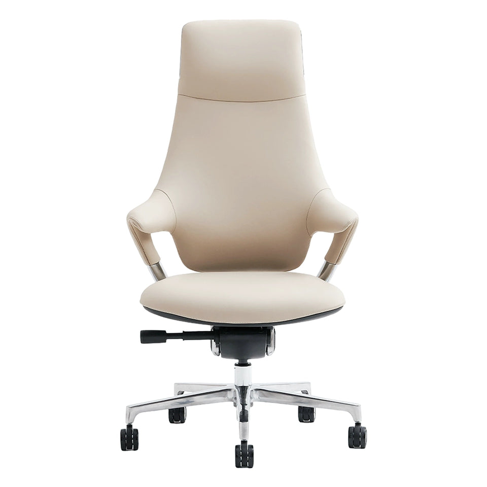 Beiger Leder-Drehstuhl mit gepolstertem Sitz und verstellbarer Mechanik, Rollen