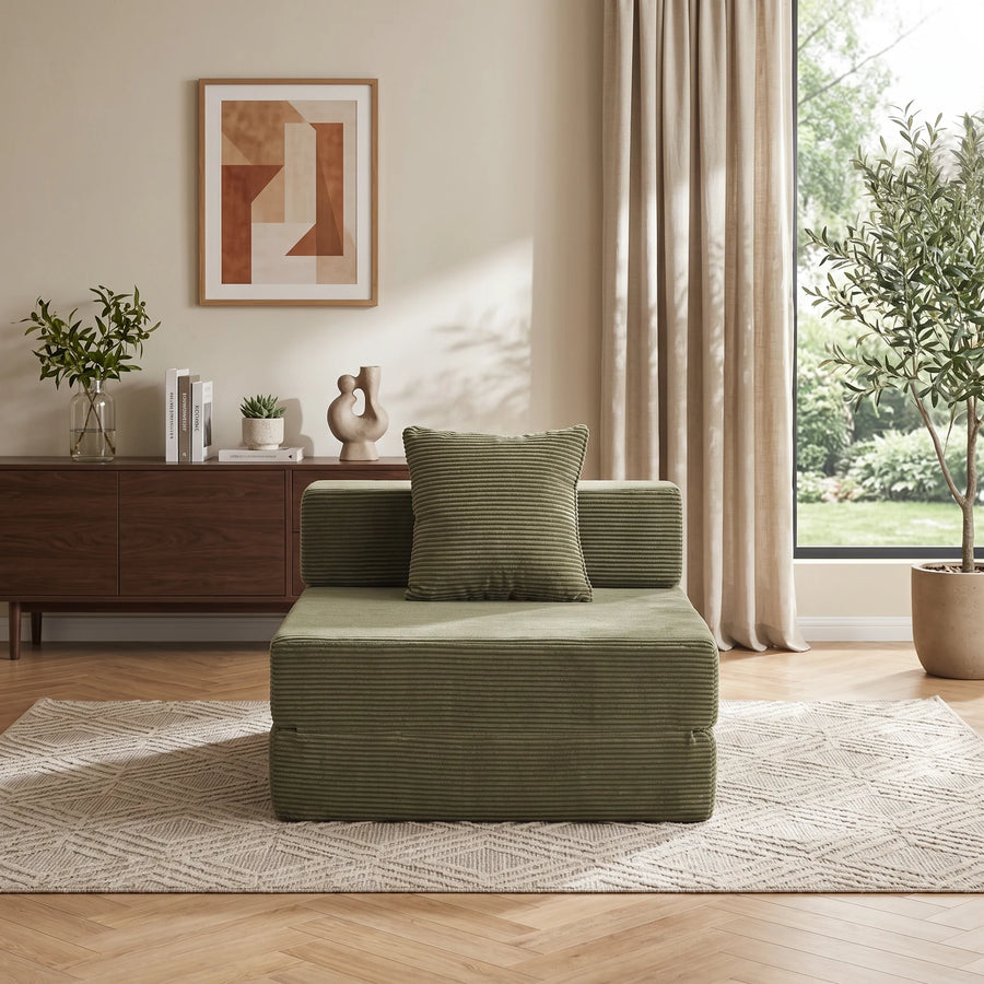 Modulares 1-Sitzer-Sofa aus Cord, olivgrün, kompakte Sitzfläche mit Zierkissen