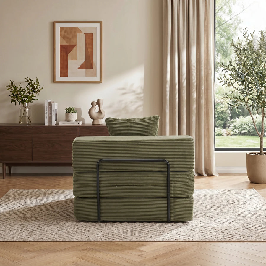 Olivgrünes Cord-1‑Sitzer-Sofa mit Rückenmodul und Zierkissen