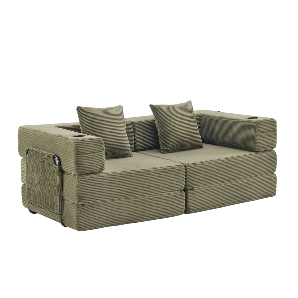 Kompaktes modulares Sofa in hellem Cord, mit zwei Armlehnen und mehreren Rückenkissen