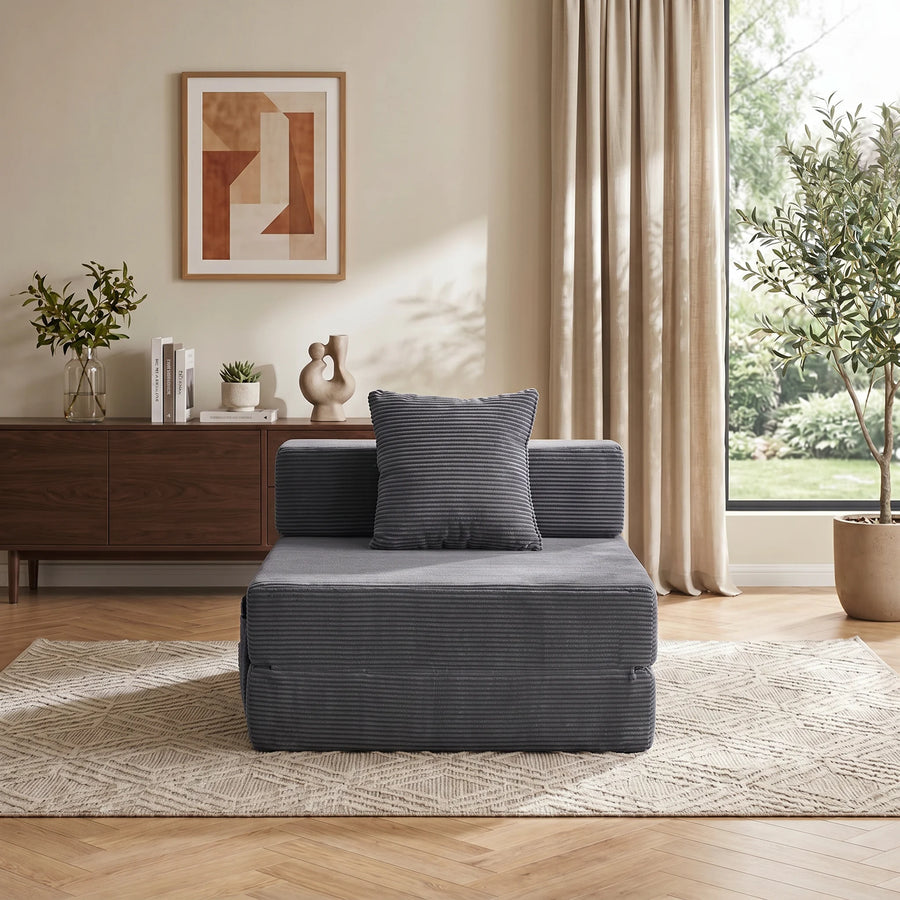 Modulares 1-Sitzer-Sofa aus Cord, dunkelgrau, kompakte Sitzfläche mit Zierkissen