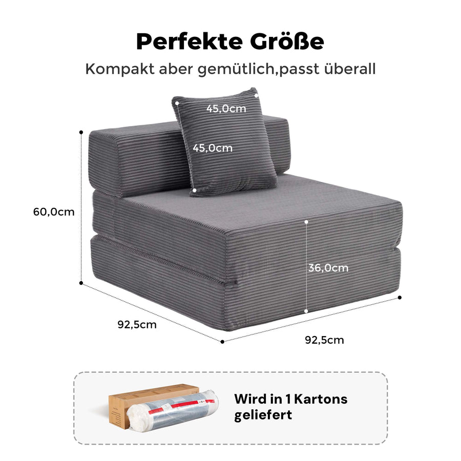Dunkelgraues Cord-1‑Sitzer-Sofa mit Rückenkissen, kompakt gepolstert