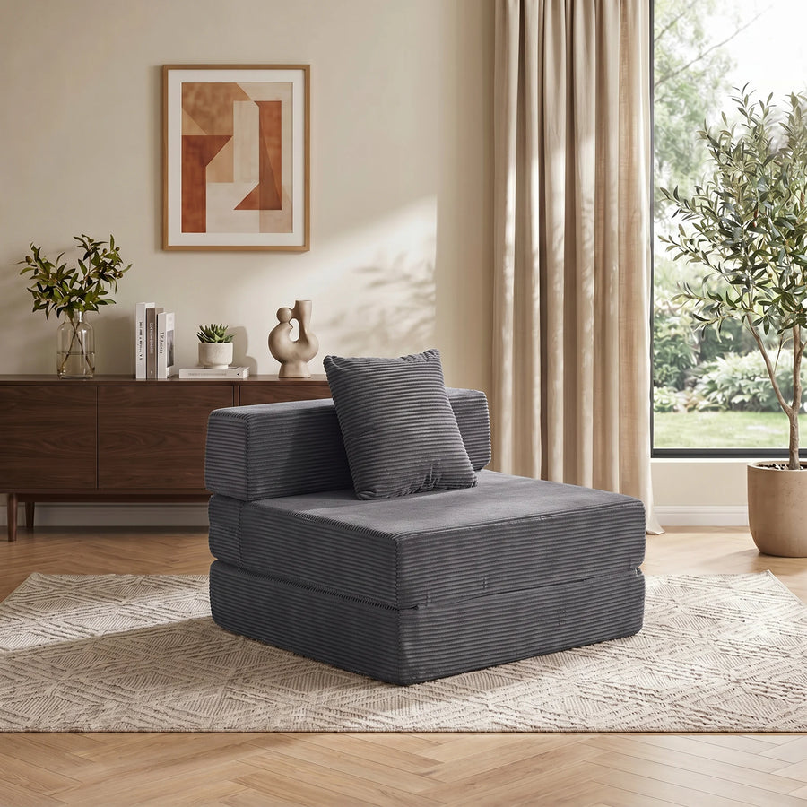 Modulares 1-Sitzer-Sofa aus Cord, dunkelgrau, mit Zierkissen und Rückenpolster