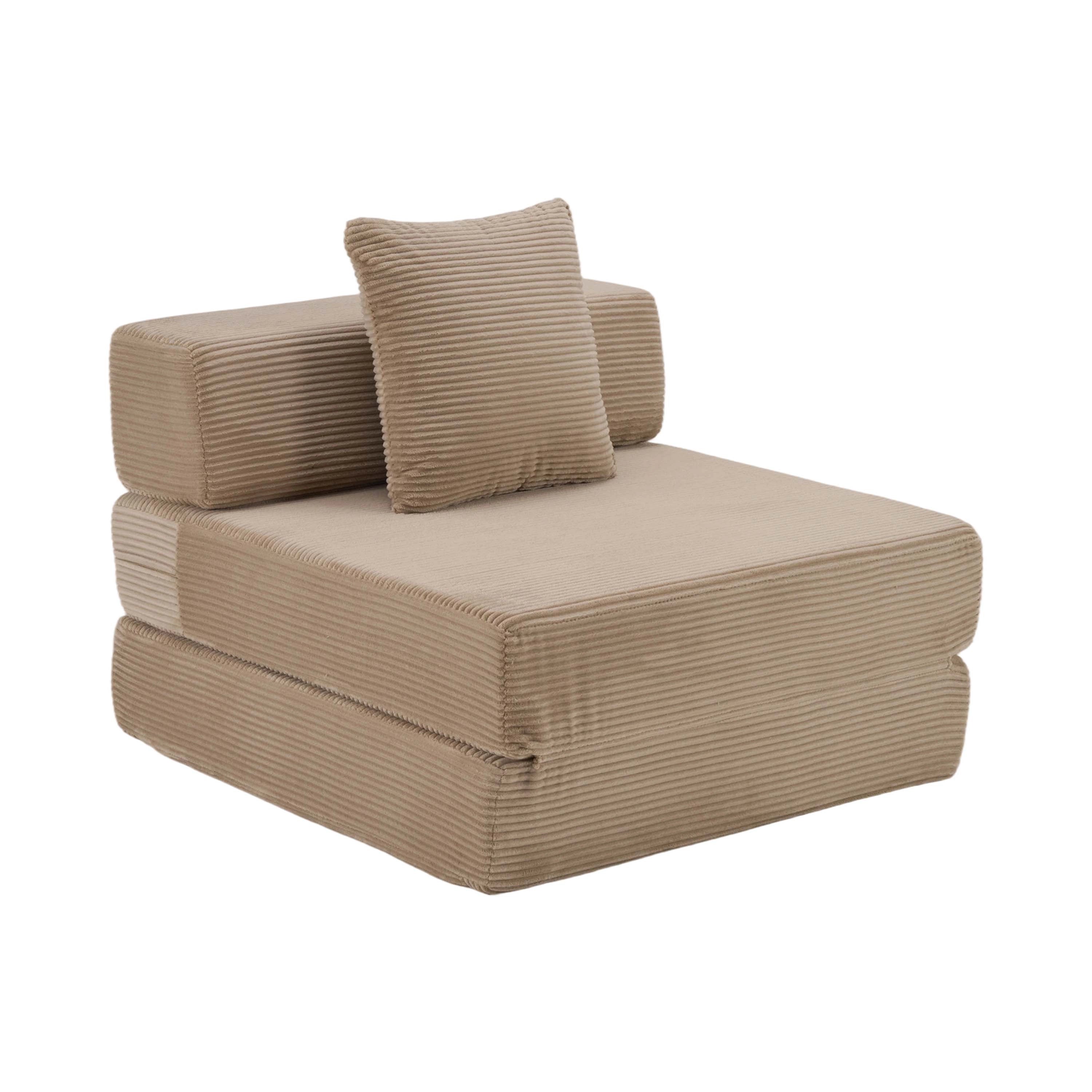 Modulares 1-Sitzer-Sofa aus Cord, hellbeige, mit Rückenpolster und Zierkissen