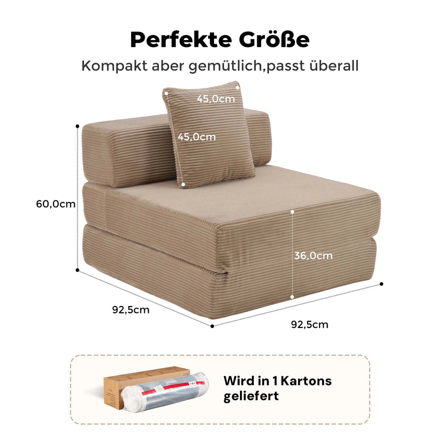 Braunes Cord-1‑Sitzer-Sofa mit Rückenkissen, kompakt gepolstert