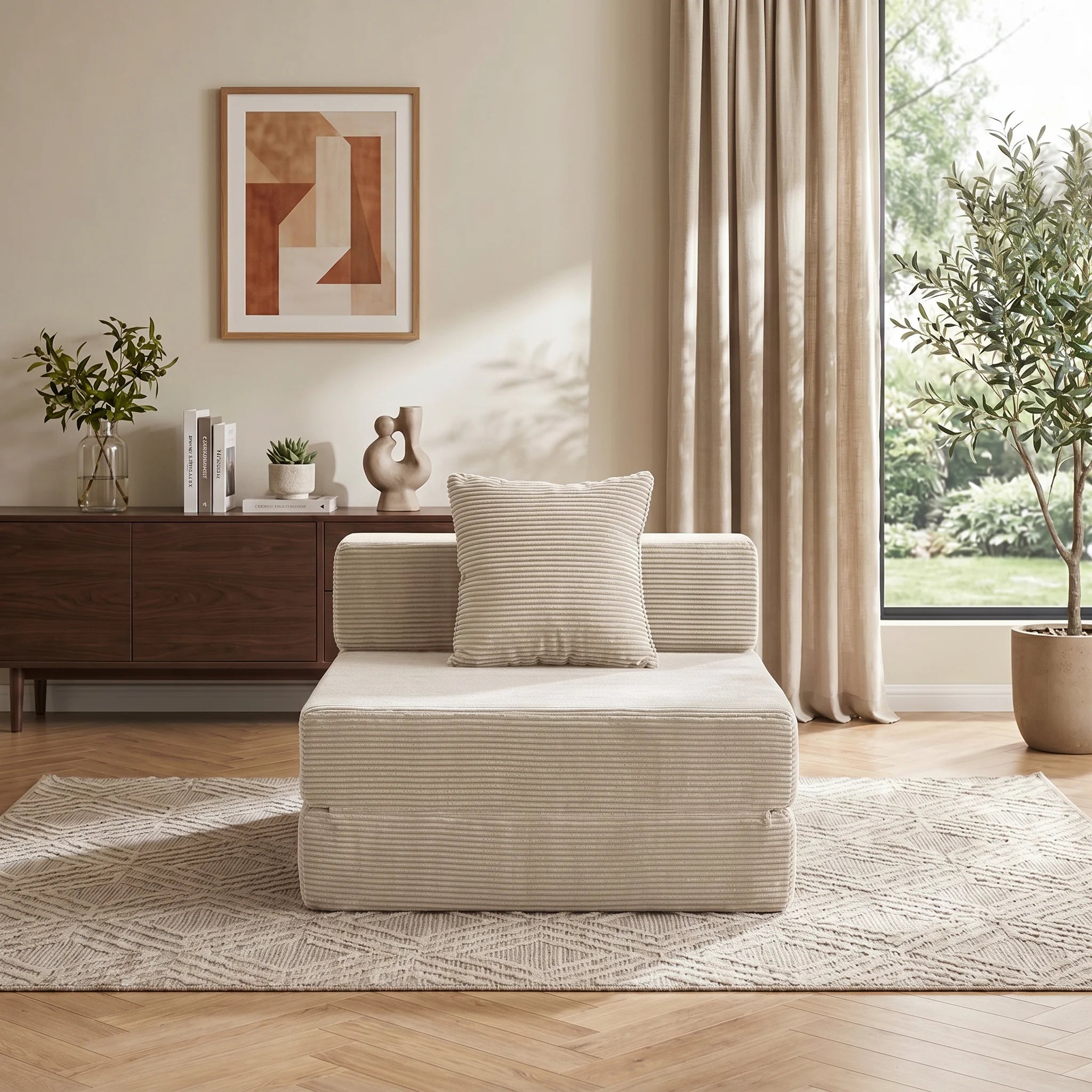 Modulares 1-Sitzer-Sofa aus Cord, hellbeige, mit Rückenpolster und Zierkissen
