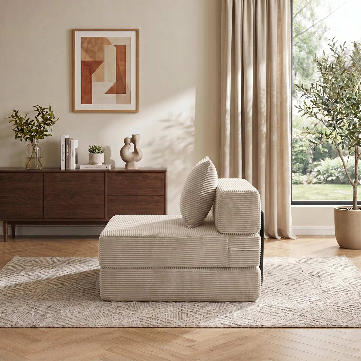 Modulares 1-Sitzer-Sofa aus Cord, hellbeige, Seitenansicht mit Rückenpolster