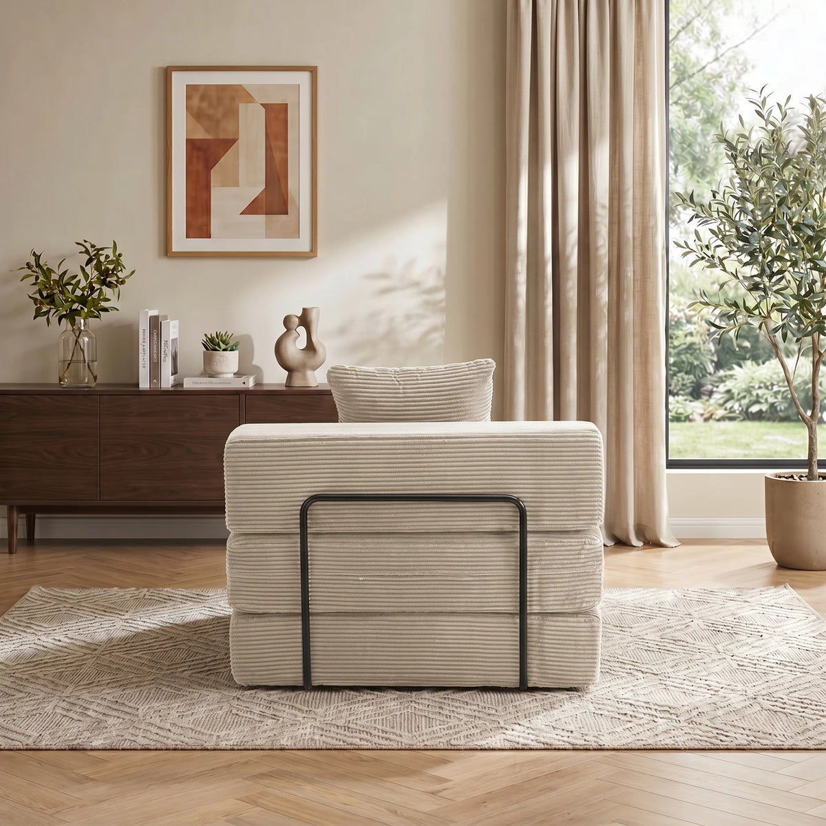 Modulares 1-Sitzer-Sofa aus Cord, hellbeige, Rückansicht mit Haltegriff
