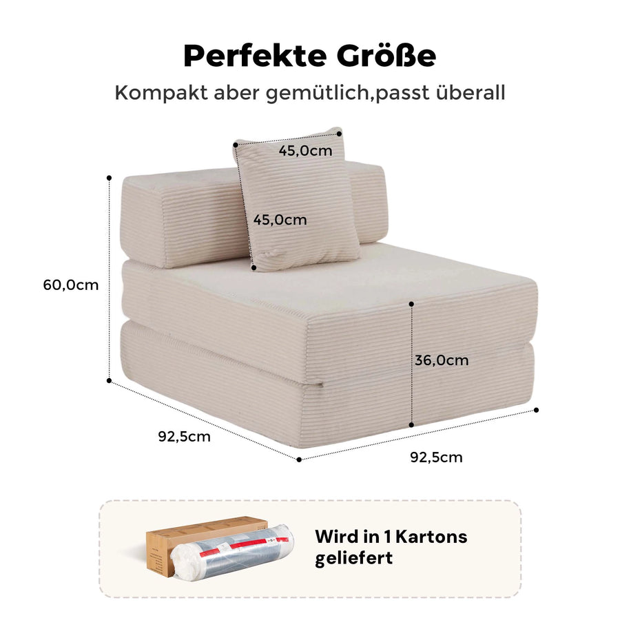 Beiges Cord-1‑Sitzer-Sofa, Maße 92,5×60×36 cm, mit Rückenkissen