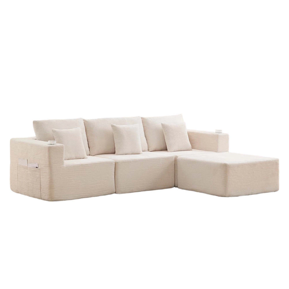 Modulares Sofa mit beigem/weißem Cord-Bezug, Eck- und Mittelmodul mit Rückenpolstern