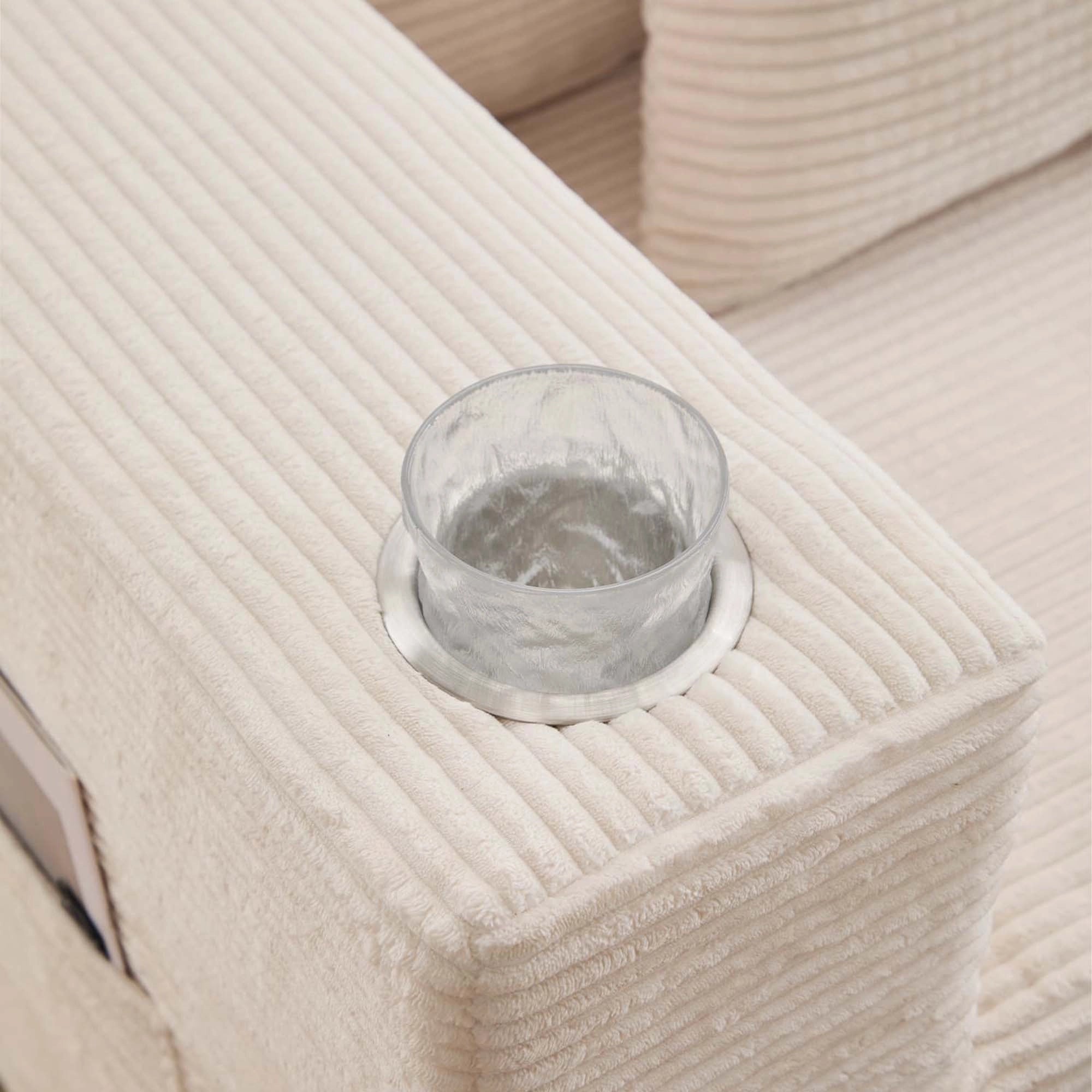 Modulares Sofa aus Cord in Weiß, Getränkehalter mit Glas auf der Armlehne