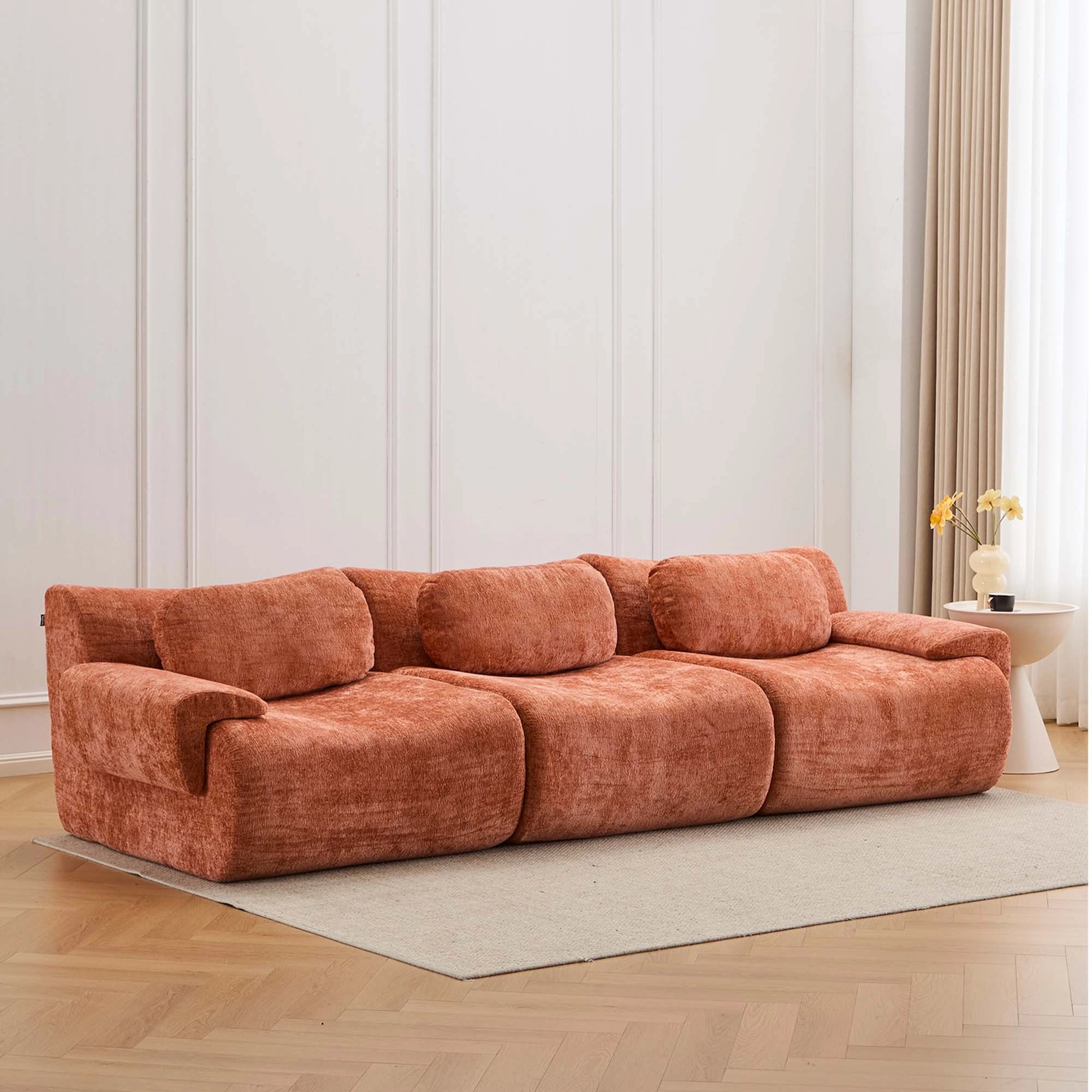Komprimiertes 2-Sitzer Sofa in Rostorange, Chenille mit Wellenform und Rundpolstern