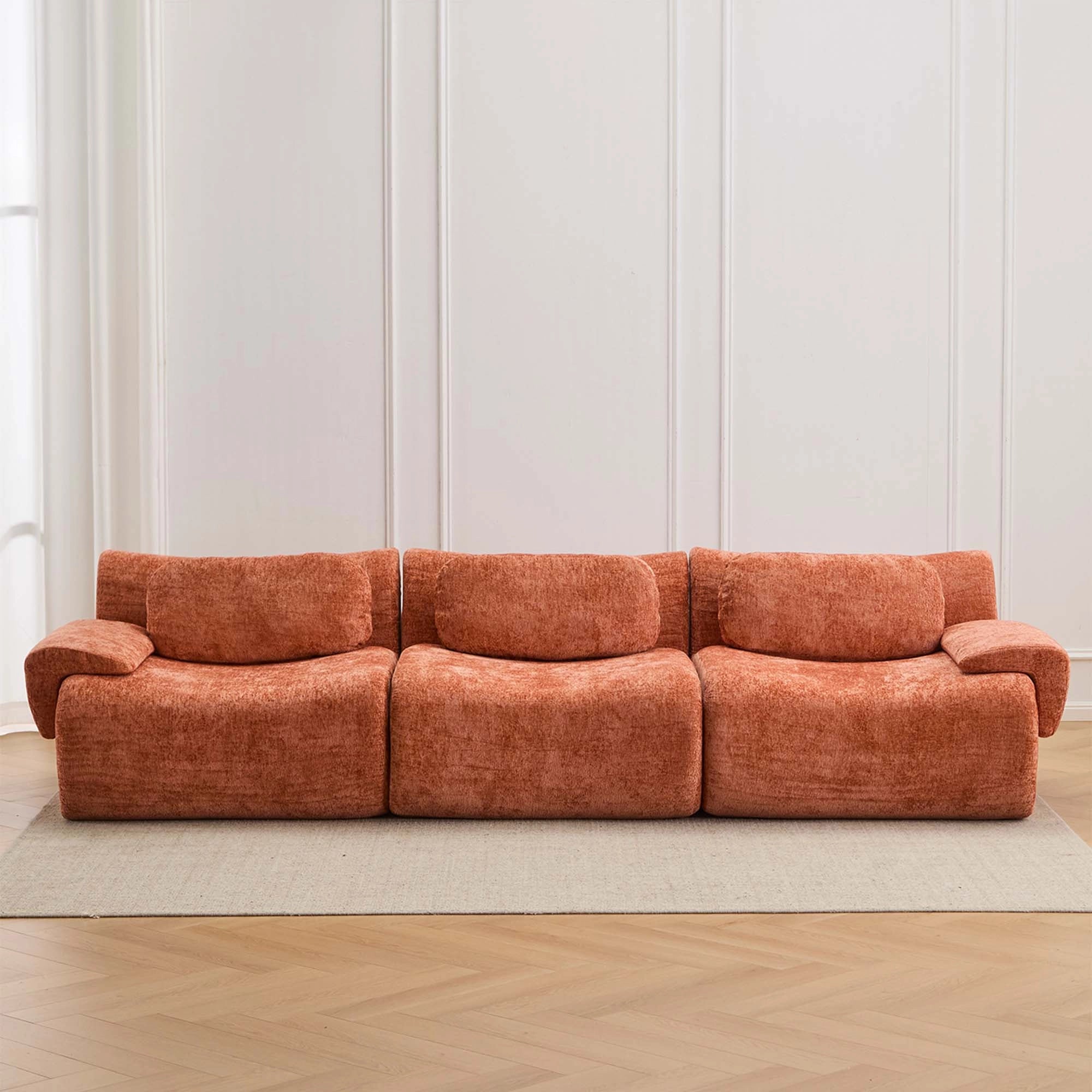 Sofa aus Chenille mit wellenförmigem Sitz- und Rückenkissen, orangefarben