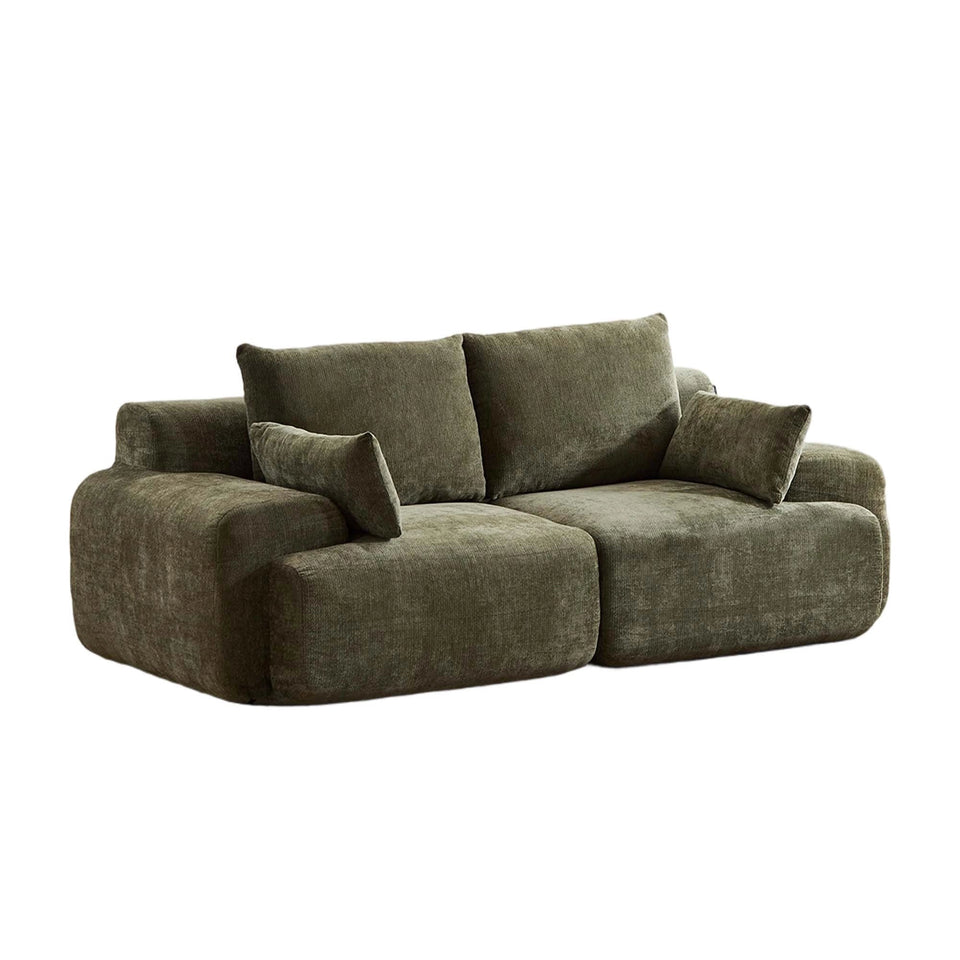 Komprimiertes 2-Sitzer-Sofa aus Chenille, olivgrüner Stoffbezug, gepolsterte Armlehnen