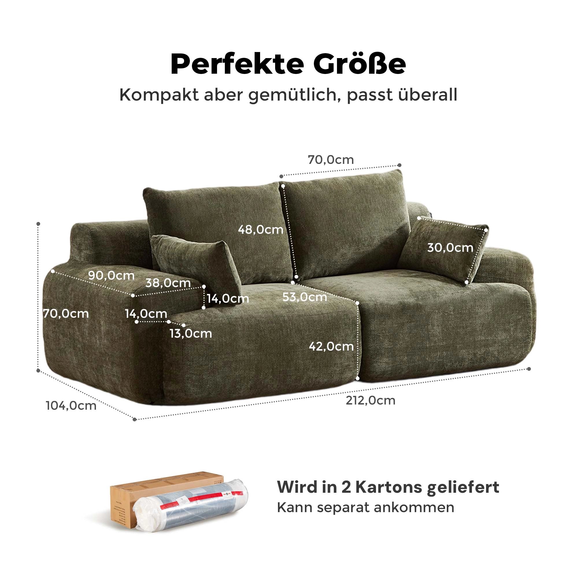 Komprimiertes 2-Sitzer-Sofa mit Maßangaben, kompakte Form für kleine Räume.