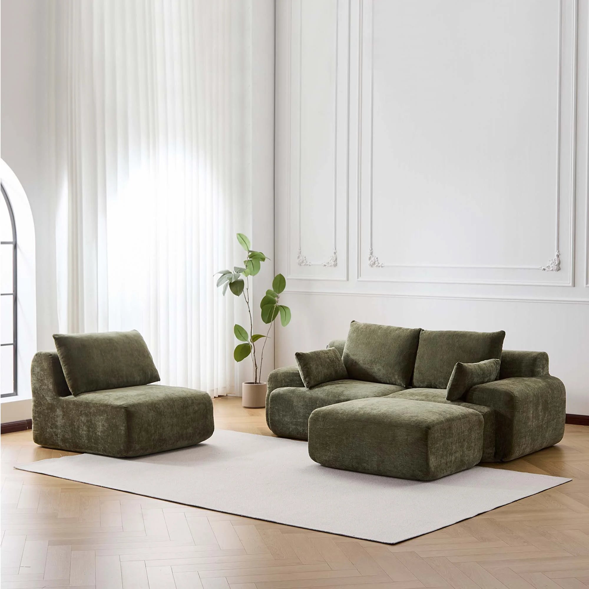 Olivgrünes Chenille-3-Sitzer-Sofa mit Hocker, gepolstert
