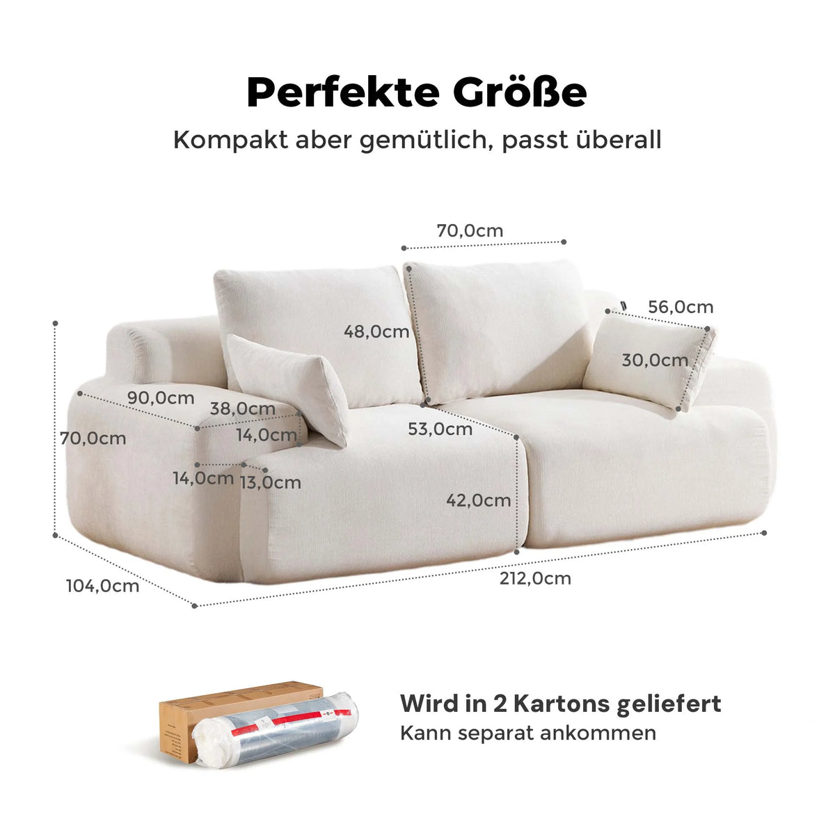 Komprimiertes 2-Sitzer-Sofa, Maßskizze mit Größenangaben