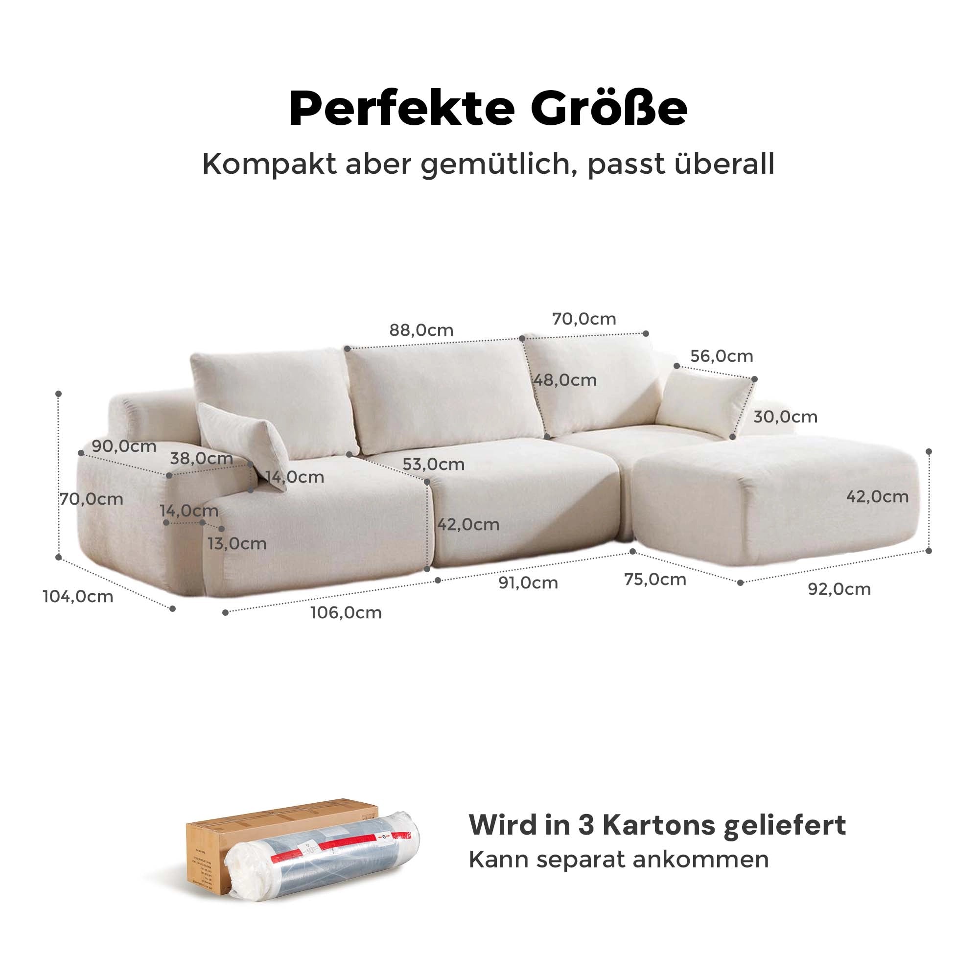 Weißes 3-Sitzer-Kompressionssofa mit Hocker, Maß- und Liefergrafik