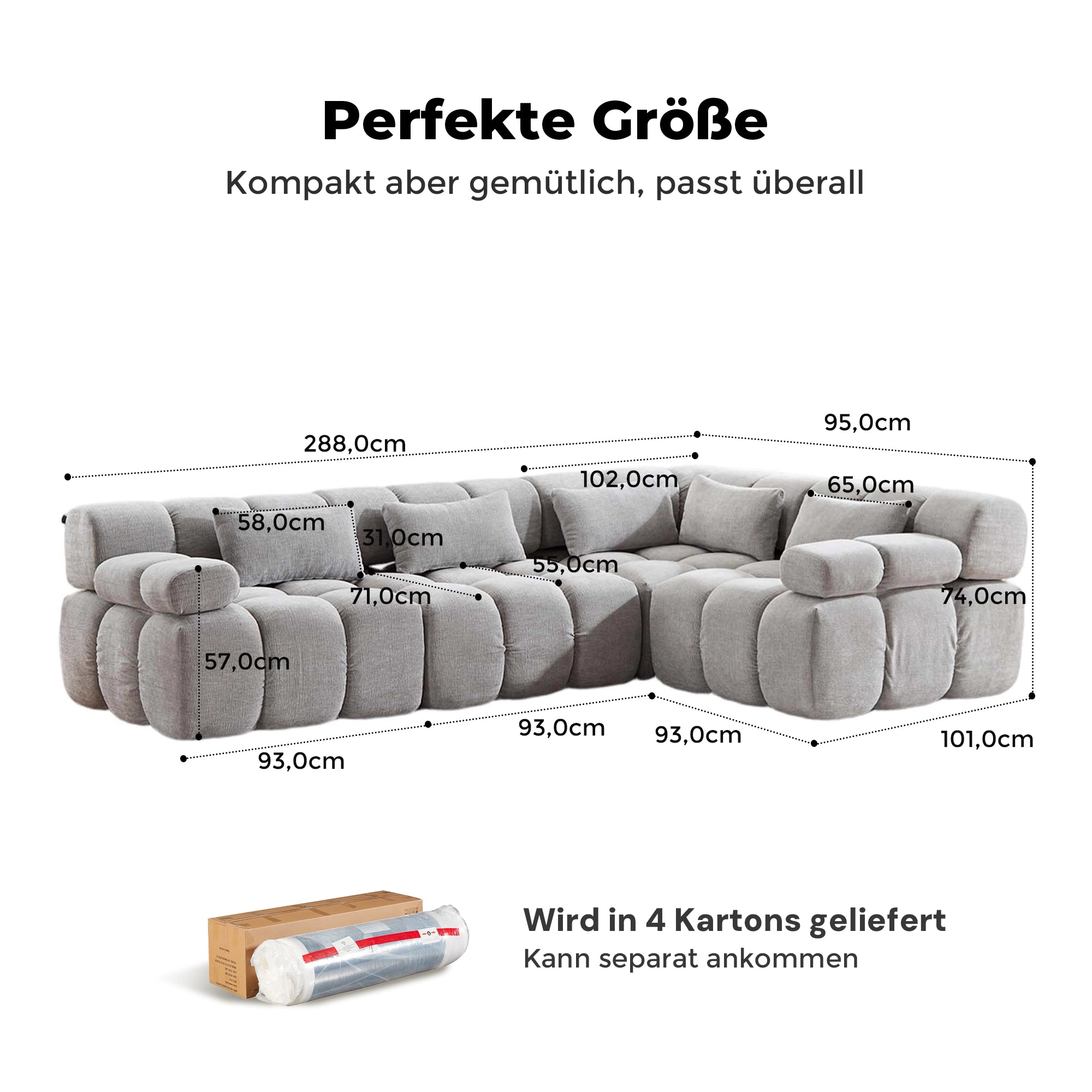 Komprimiertes 4-Sitzer-Sofa in grauem Chenille, gepolsterte Sitz- und Rückenkissen