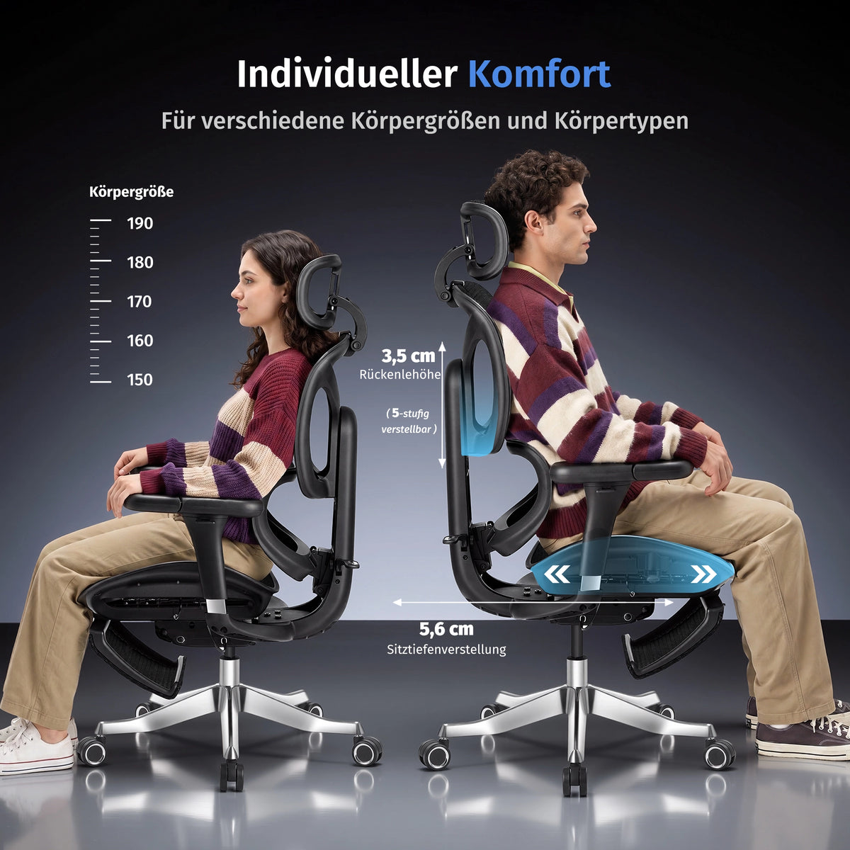 Schwarzer ergonomischer Bürostuhl mit verstellbarer Sitz- und Rückenlehne für verschiedene Größen