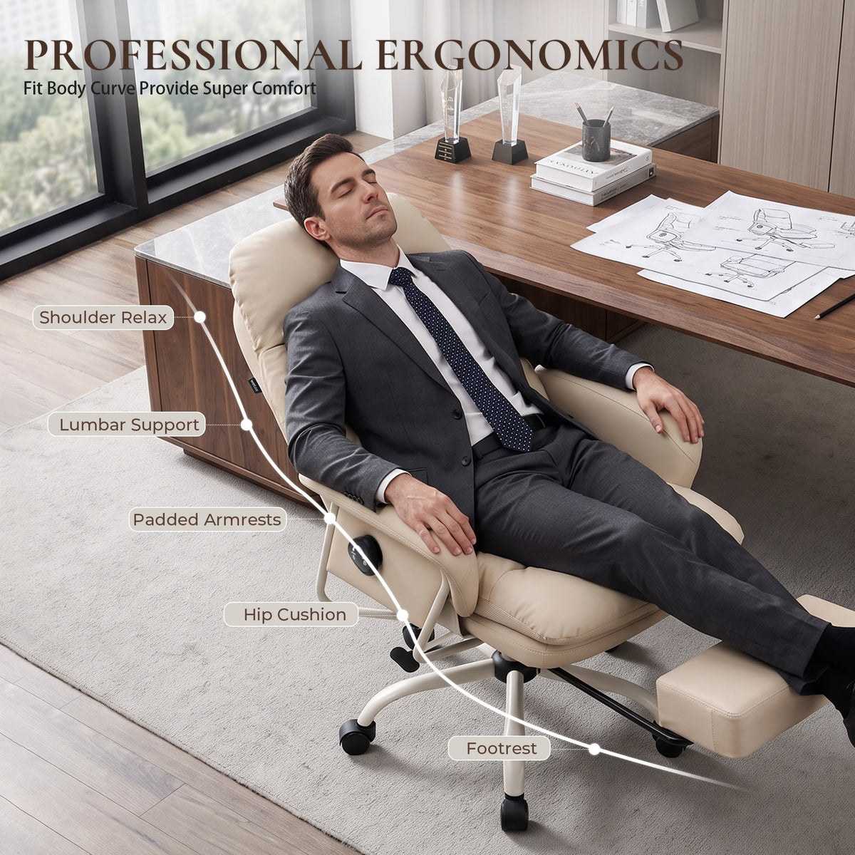 Ergonomischer Leder-Bürostuhl in Creme mit Kopf- und Lendenpolster, Person im Sitzen