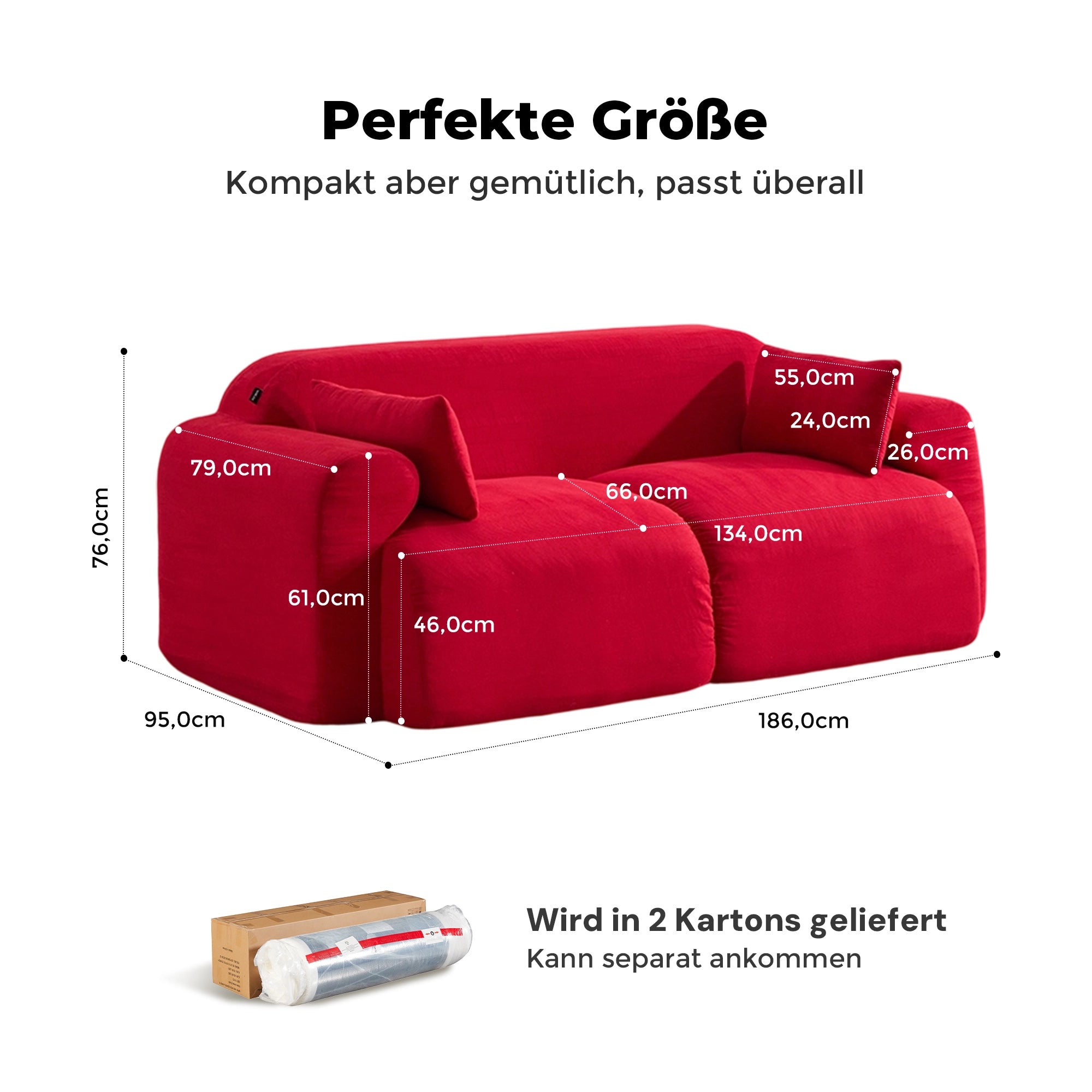 Komprimiertes 2-Sitzer-Sofa aus Cord in Rot, gepolsterte Sitz- und Rückenkissen