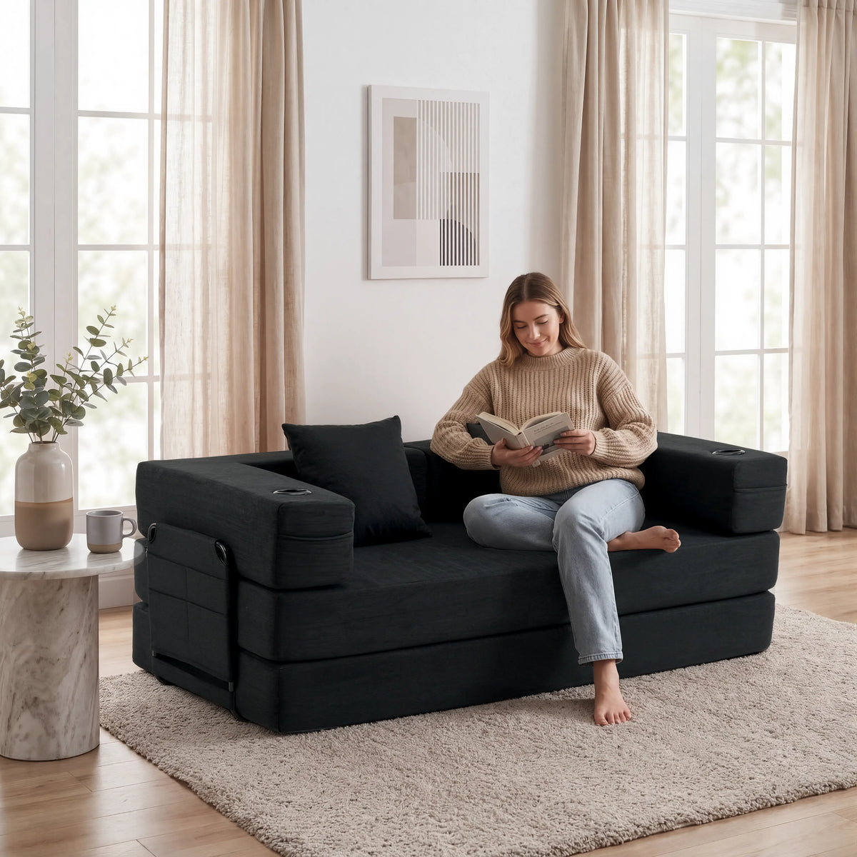 Schwarzes modulares 2-Sitzer Sofa mit ausziehbarer Sitzfläche und Armlehnen
