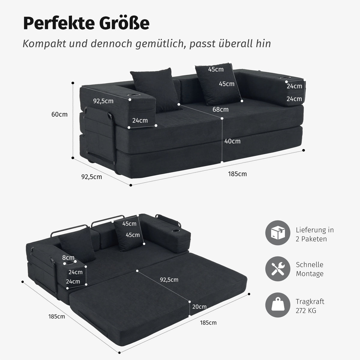 Komprimiertes modulares 2-Sitzer-Sofa in Dunkelgrau mit Sitz- und Rückenkissen, Armlehnen.