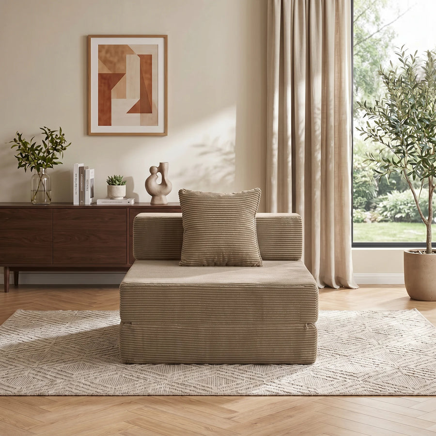 1-Sitzer-Sofa aus hellgrauem Cord, komprimiert, gepolstert, mit Kissen