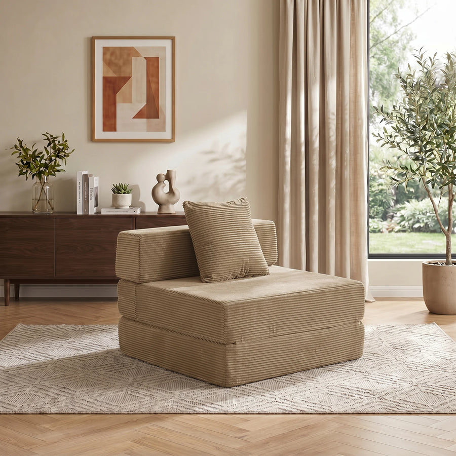 1-Sitzer-Sofa aus hellgrauem Cord, komprimiert, mit Sitzfläche und Rückenkissen