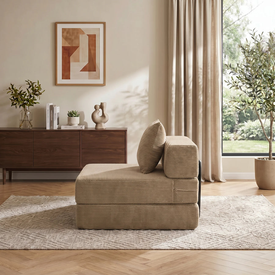 1-Sitzer-Sofa aus hellgrauem Cord, komprimiert, mit Armlehnen und Kissen